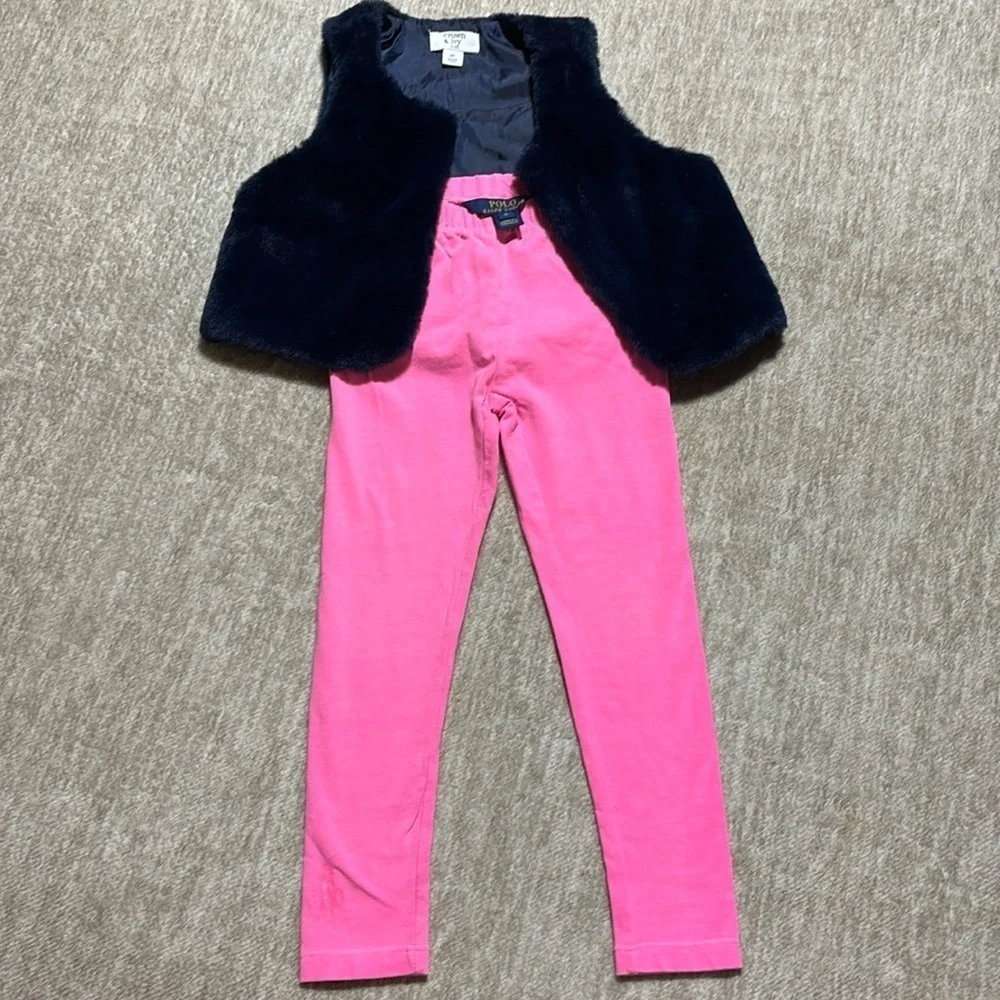 4T/5 Girl outfit Crown & Ivy faux fur vest navy pink Polo Ralph Lauren leggings